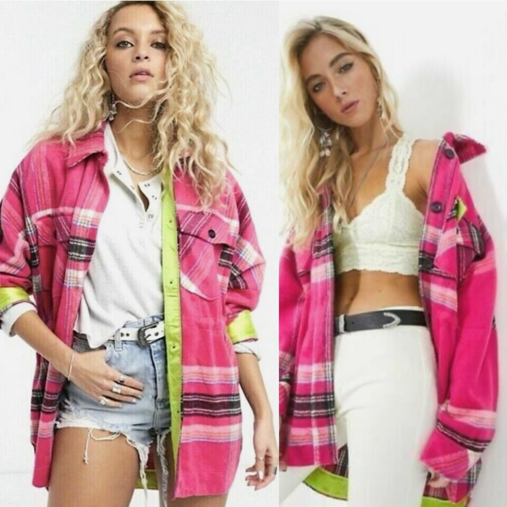 FREE PEOPLE Pink & Lime DOWN FOR YOU Plaid Shacket JACKET Size XS - Picture 7 of 16
